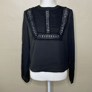 PAPER CRANE Blouse Black Pin Tuck Pleats Open Crochet Trim Georgette Fabric Med